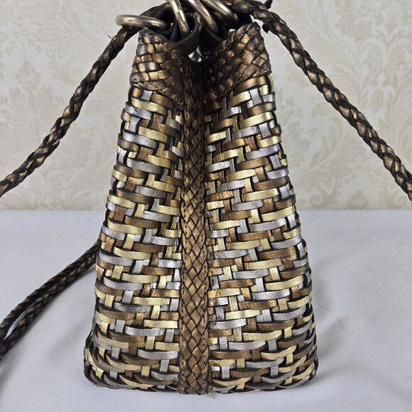 LJS Collection Small Braided Woven Leather Bucket Shoulder Bag Mixed Metallics - Picture 3 of 13